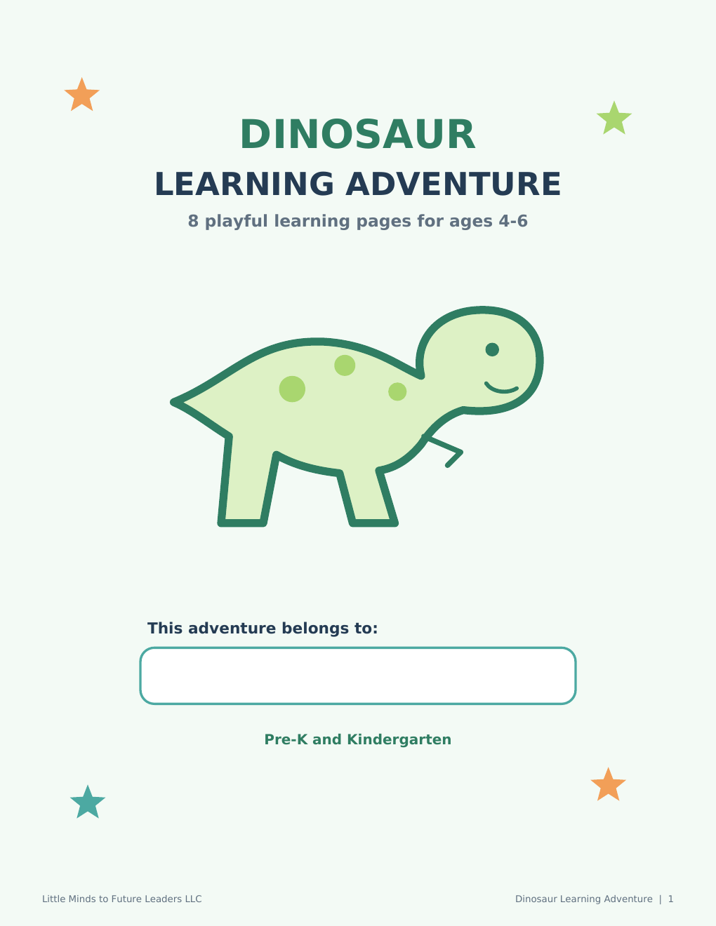 Dinosaur Learning Adventure printable cover for ages 4 to 6