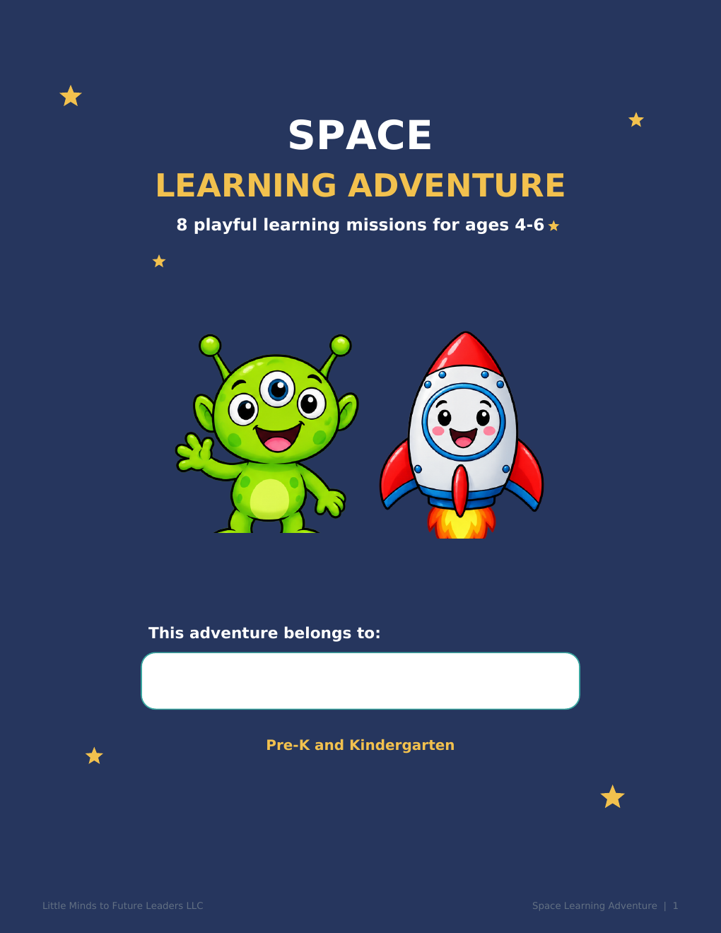 Space Learning Adventure printable cover for ages 4 to 6