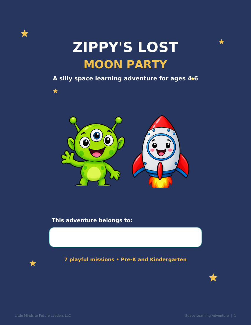 Zippy's Lost Moon Party printable space adventure cover for ages 4 to 6