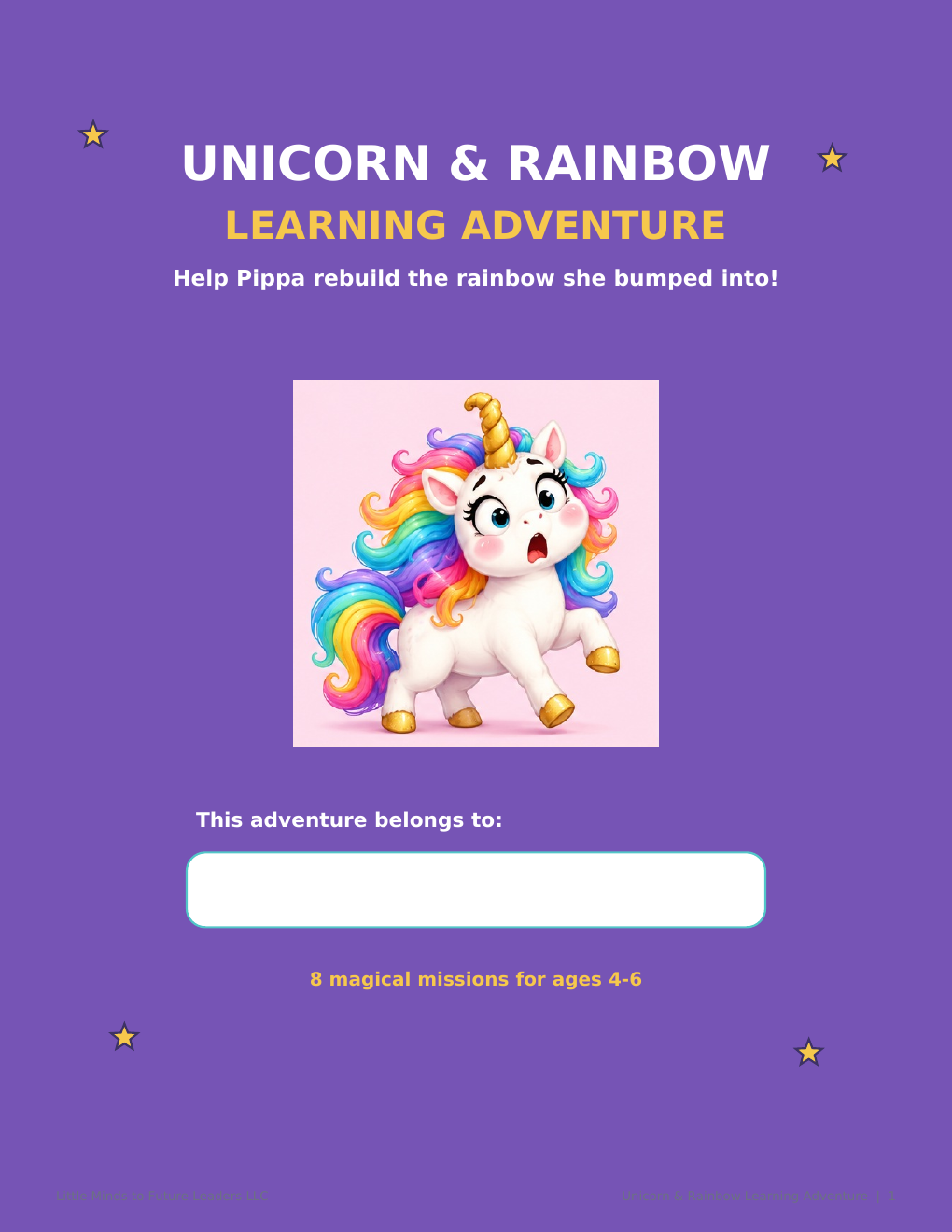 Unicorn and Rainbow Learning Adventure printable cover for ages 4 to 6